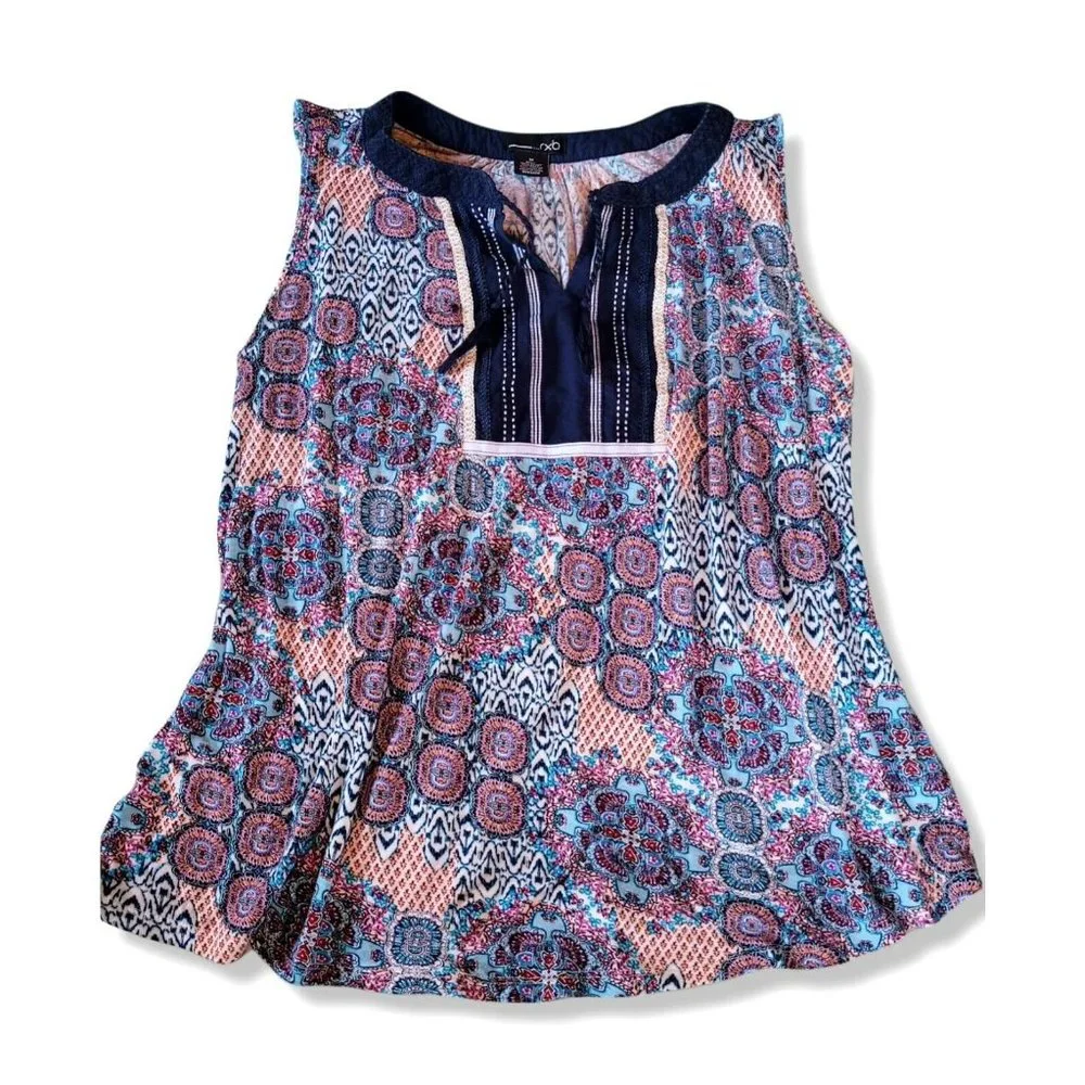RXB Sleeveless Boho Print Rayon Pullover Tunic Top w/ Tassels Sz M - Picture 2 of 7
